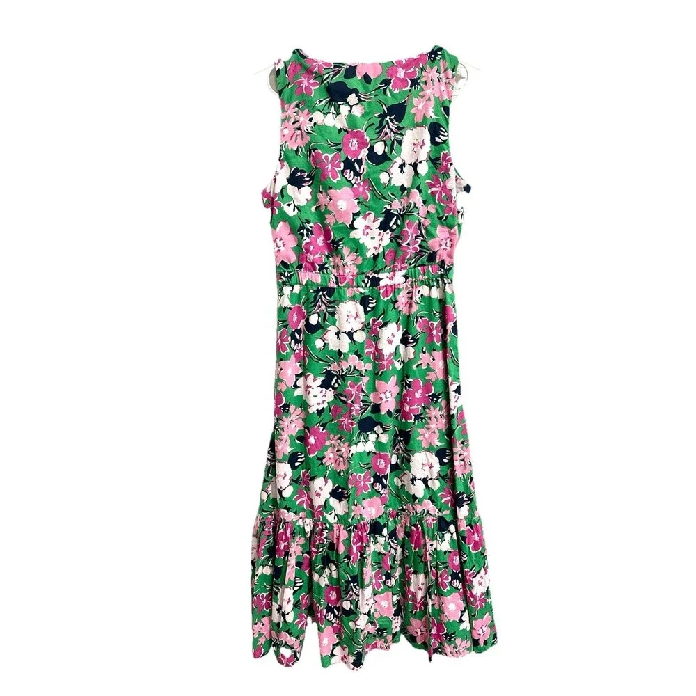 J. Crew Ruffle V-Neck Midi Dress Green Pink Size 2 Floral 100% Cotton Lined - Picture 4 of 9